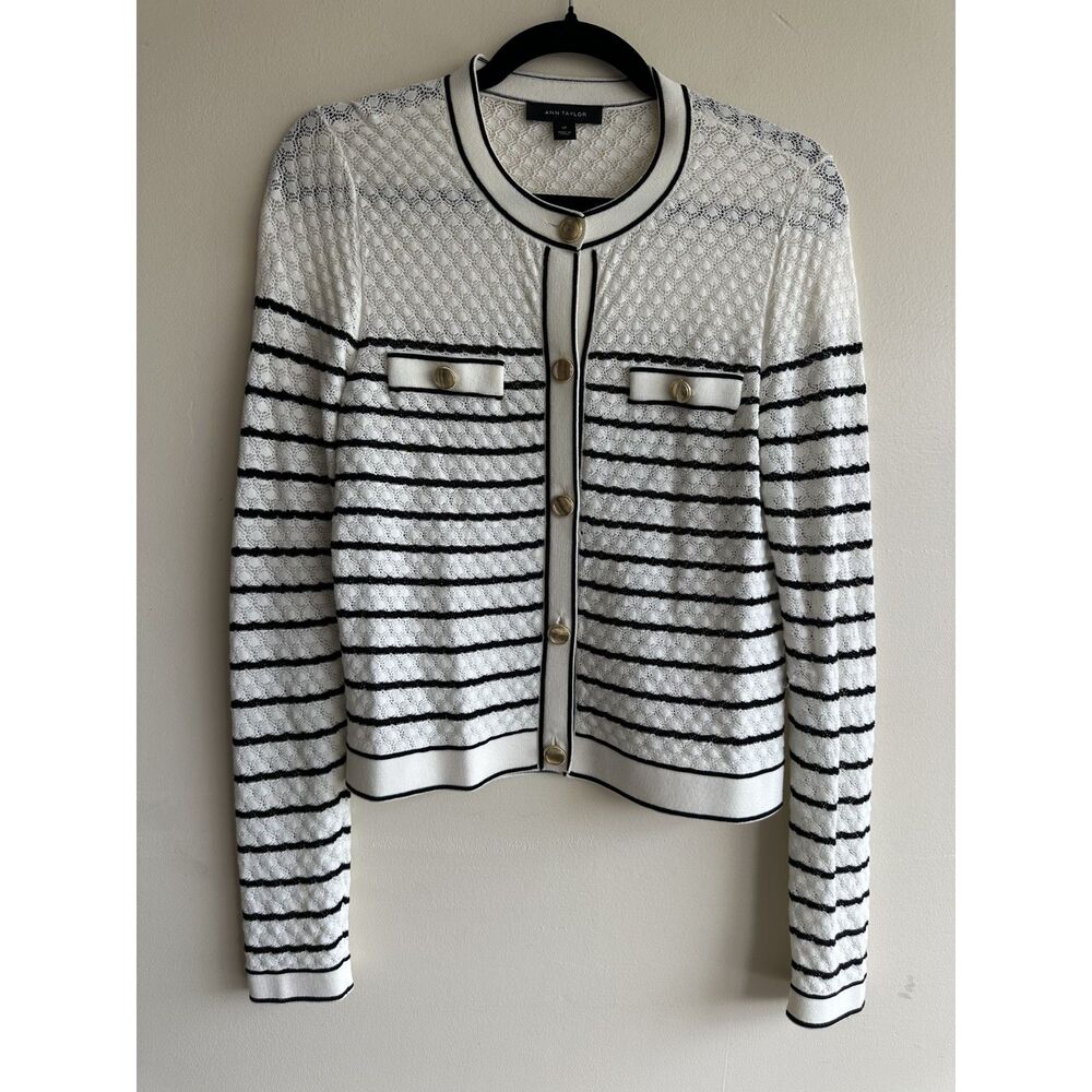 Ann Taylor SP Black White Striped Pointelle Knit Lady Jacket Cardigan - Picture 5 of 13